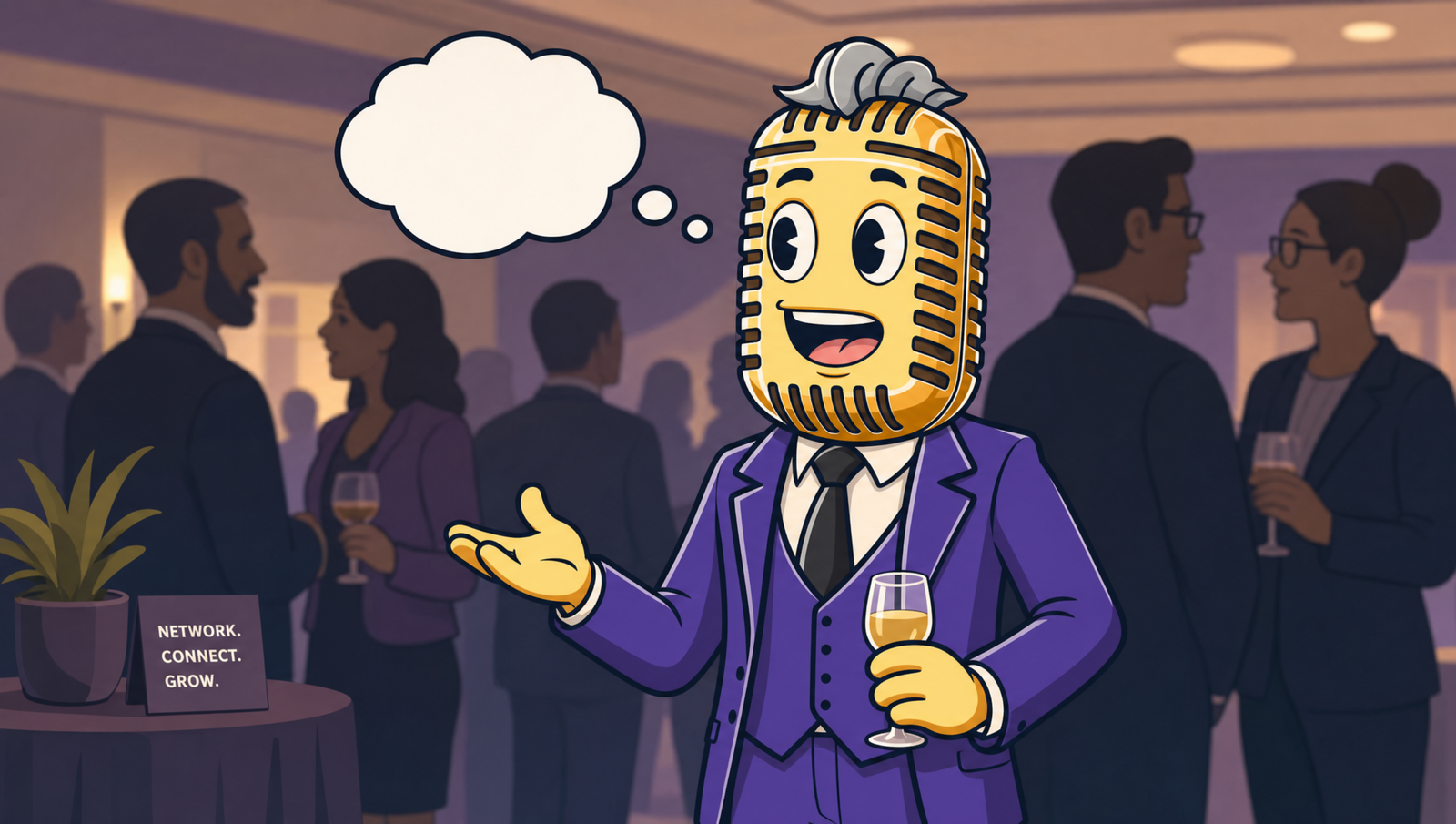 Spokesfactor mascot standing at a networking event with a thought bubble above his head, capturing the blank moment when asked what you do